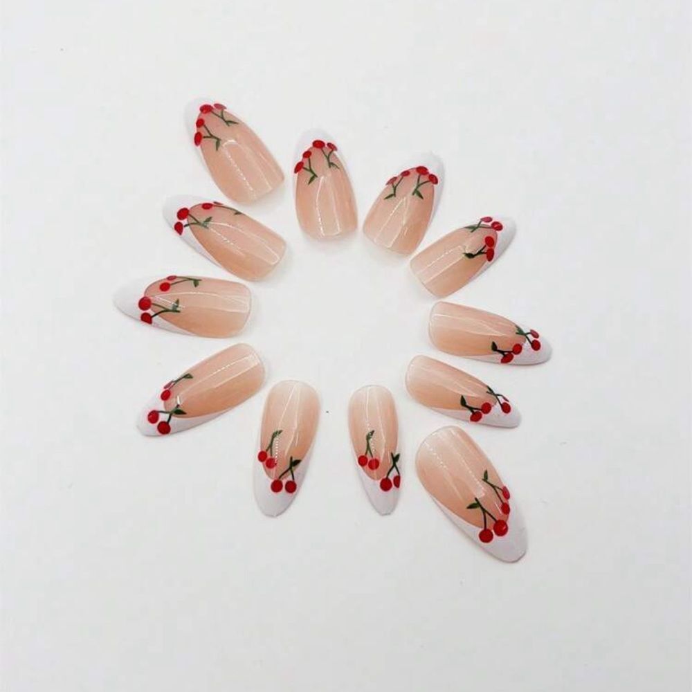 Whimsy Kawaii Cottagecore 24 Piece Cherry French Tip Almond Shape Nails - Picture 4 of 11